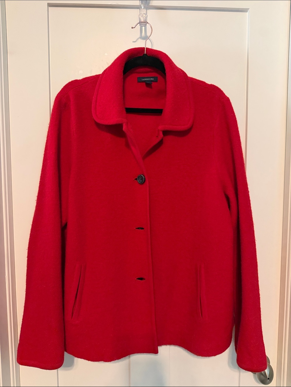 Lands' End Red Women Button Front 100% Wool Pea Coat Style Sweater Plus Size 18